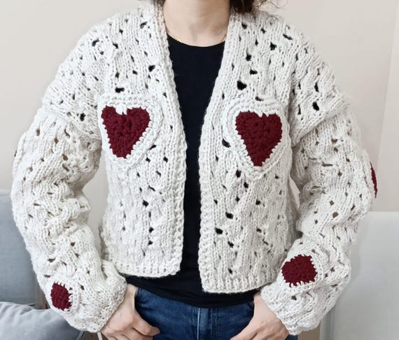 Crochet Heart Patchwork Cardigan, Handmade Hollow-out Sweater - Etsy