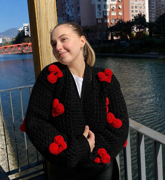 Handknit Crochet Cardigan: Cardigan With 3D Red Hearts - Etsy