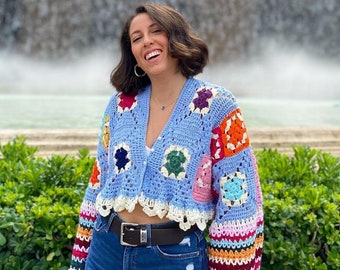 Crochet Summer Cardigan | Colorful Bohemian Crochet Sweater | Granny Square Flare Sleeve Top | Rainbow Crochet Sweater | Crochet Cardigan