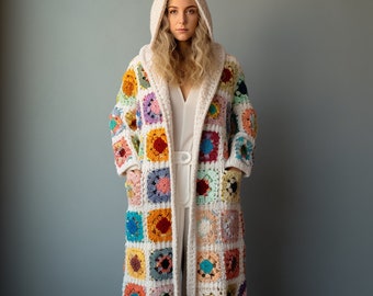 Granny Square Cardigan, Patchwork Cardigan, Handmade Knitted Jacket, Crochet Cardigan, Christmas Cardigan, Cozy Knits