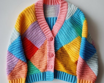 Oma Quadratische Strickjacke, Bunte Herbst-Strickjacke, Patchwork-Strickjacke, Handgemachte Strickjacke