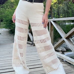 Beige Crochet Trousers | Knitted Pants | Handknitted Unisex Pants | Knitted Trousers | Crochet Pants | Boho Crochet Pants | Bachelorette