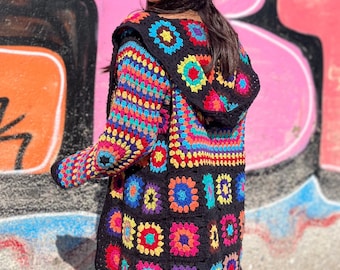 Colorful Crochet Cardigan  | Knitted Cardigan with Square Motifs | Granny Square Cardigan | Patchwork Cardigan | Handmade Coat | Plus size