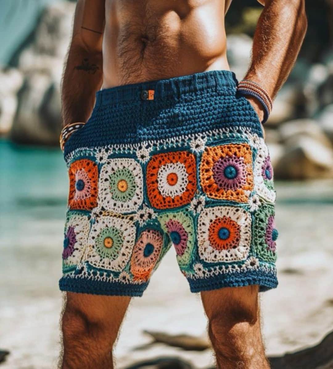 Handmade Granny Square Crochet Shorts: Navy Blue Boho Festival