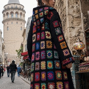 Hooded Granny Square Cardigan, Long Boho Crochet Coat for Women