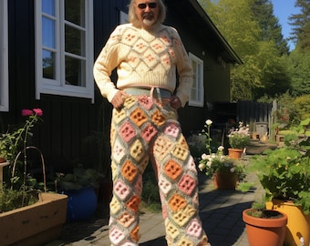Patchwork Granny Square Knit Trousers: Upcycled Boho Pants
