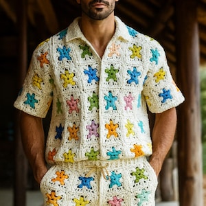 Handmade Crochet Shirts, Flower Motif Boho Shirts, Multicolor Crocheted Apparel, Unique Summer Beachwear, Unisex Shirts, Patchwork Shirt