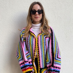 Handcrafted Crochet Cardigan, Vibrant Multicolor Sweater, Women&#39;s Boho Knitwear, Unique Artisanal Top, Gift for Her