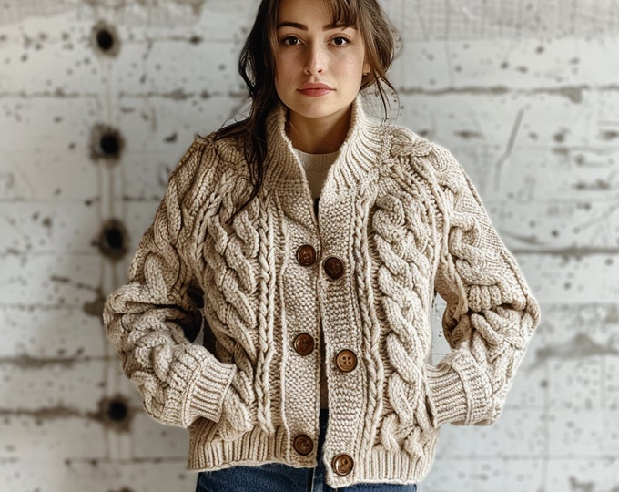 Handmade Chunky Cable Knit Cardigan, Women's Cozy Sweater, Oversized Knitwear, Beige Button-Up Winter Essential, Customizable Fit