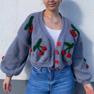 3D Cherry Cardigan Crochet Crop Cardigan White Cherry Sweater Boho Cardigan Gift For Her Cozy Crop Cardigan Knitted Cardigan image 2