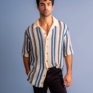 Crochet Shirt, Navy Blue Striped Shirt for Men, Blue Men Shirt, Handknitted Unisex Shirt, Crochet Blue Shirt, Handmade Shirt, Gift For Him