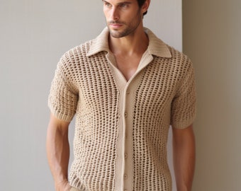 Handmade Shirt, Crochet Shirt, Shirts for Men, Bode Shirt, Beige Unisex Shirt, Beach Summer Shirt, Crochet Men Clothes, Vintage Style Shirt