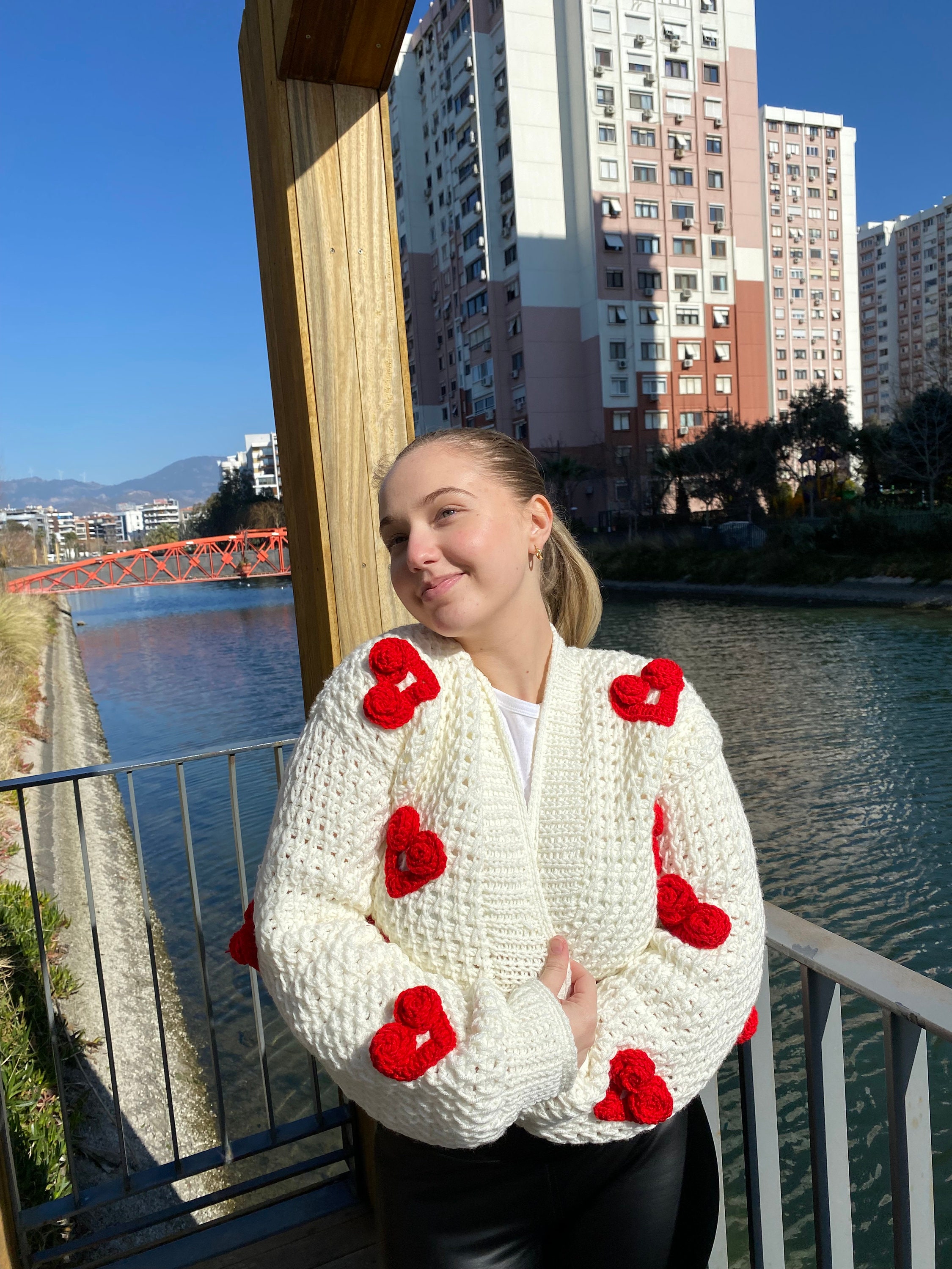 Handknit Crochet Cardigan: White Cotton With 3D Red Hearts - Etsy