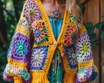 Cárdigan cuadrado de la abuela de ganchillo, suéter colorido hecho a mano, ropa exterior de mujer Boho Chic, chaqueta de punto artesanal