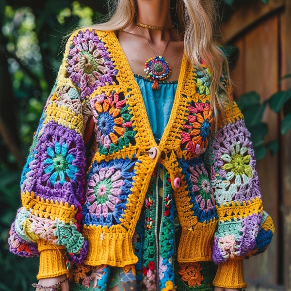 Crochet Granny Square Cardigan, Colorful Handmade Sweater, Boho Chic Women's Outerwear, Artisanal Knit Jacket