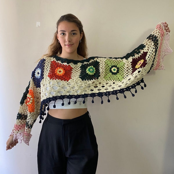 Patchwork Sweater, Granny Square Sweater, Crop Crochet Sweater, Granny Square Crop Top, Crochet Crop Top