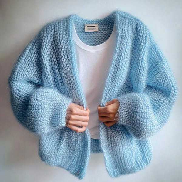 Handmade Baby Blue Mohair Cardigan, Chunky Knit Boho Chic