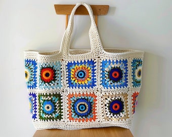 Granny Square Crochet Tote Bag: Handmade Multicolor Boho Market Bag