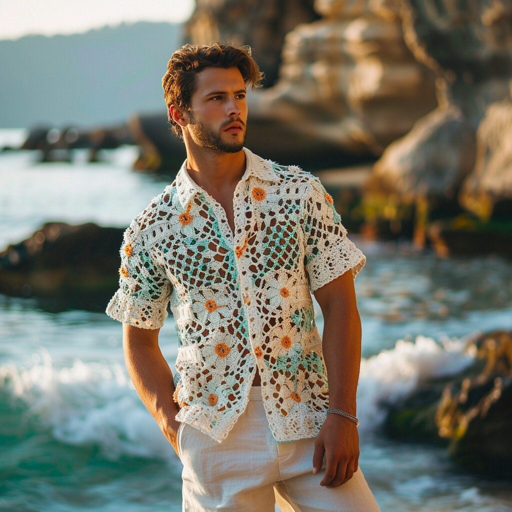 Handmade Crochet Shirt, Men's Beachwear, Crochet Shirt, Boho Style, Bachelor Party, Men's Shirt, Gift For Him