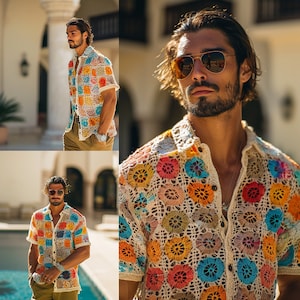 Boho Crochet Men&#39;s Shirt, Handcrafted Colorful Short Sleeve Top, Vibrant Unisex Beachwear, Crochet Retro Men&#39;s Shirt, Granny Handmade Shirt