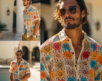 Boho Crochet Men&#39;s Shirt, Handcrafted Colorful Short Sleeve Top, Vibrant Unisex Beachwear, Crochet Retro Men&#39;s Shirt, Granny Handmade Shirt