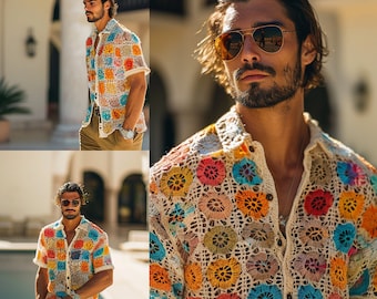 Camicia da uomo Boho all'uncinetto, Top a maniche corte colorato realizzato a mano, vivace abbigliamento da spiaggia unisex, camicia da uomo all'uncinetto. Camicia fatta a mano