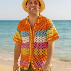 Handmade Crochet Shirt, Men&#39;s Bohemian Style Top, Rainbow Crochet Shirt, Vibrant Summer Festival Wear, Custom Colorful Shirt