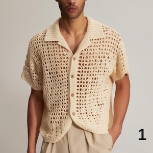 Crochet Shirt, Knitted Shirt, Handknit Cotton Shirt, Crochet Men Shirt, Short Sleeve Men Shirt, Collared Men Shirt, Crochet Male Shirt