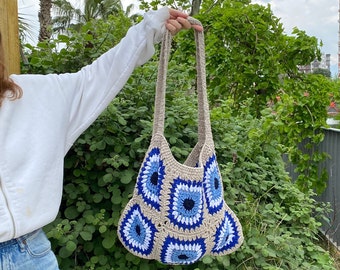 Evil Eye Granny Square Crochet Tote Bag: Handmade Patchwork Design