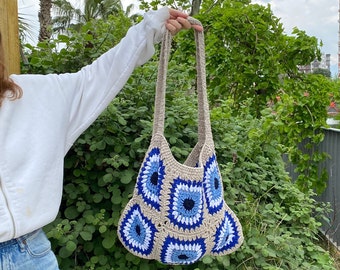 Evil Eye Tote Bag, Granny Square Tote Bag, Patchwork Tote Bag, Knitted Tote Bag, Gift For Her, Handmade Gift