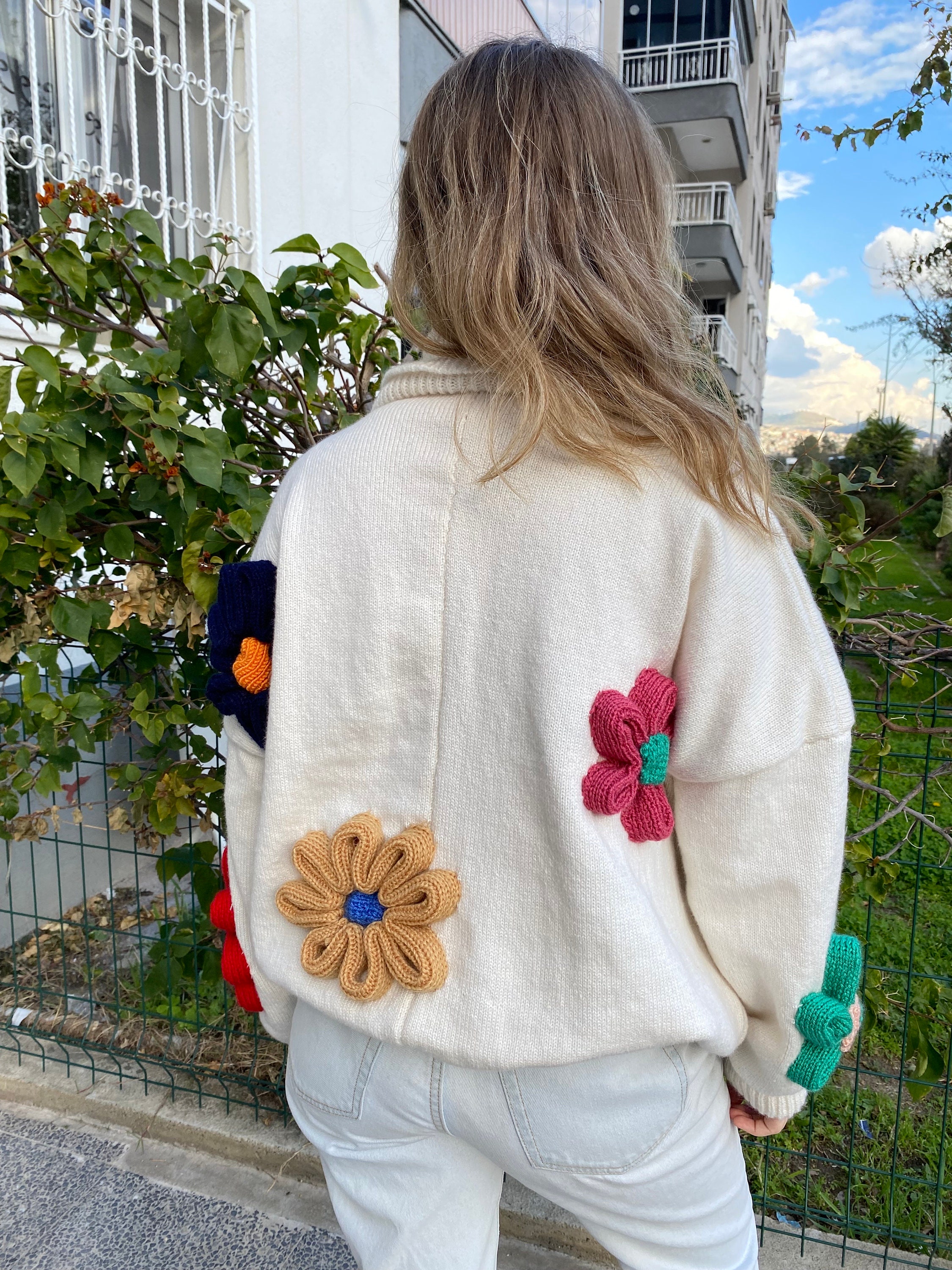 Floral Accent Knit Sweater, Women's Handcrafted White Jumper Floral Accent Knit Sweater, Women's Handcrafted White Jumper