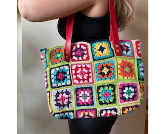 Handmade Granny Square Crochet Tote Bag with Leather Straps