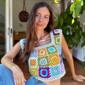 Handmade Crochet Granny Square Top, Vibrant Multicolor Crochet Top, Boho Chic Women&#39;s Top, Summer Clothing, Granny Square Crop Top