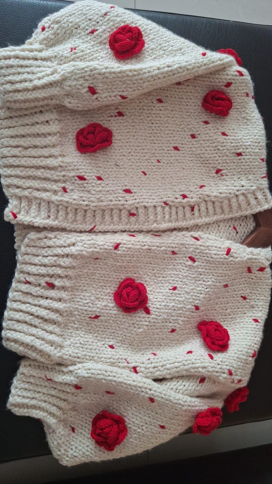 Handmade Chunky Knit Cardigan, Floral Applique Cardigan, Red