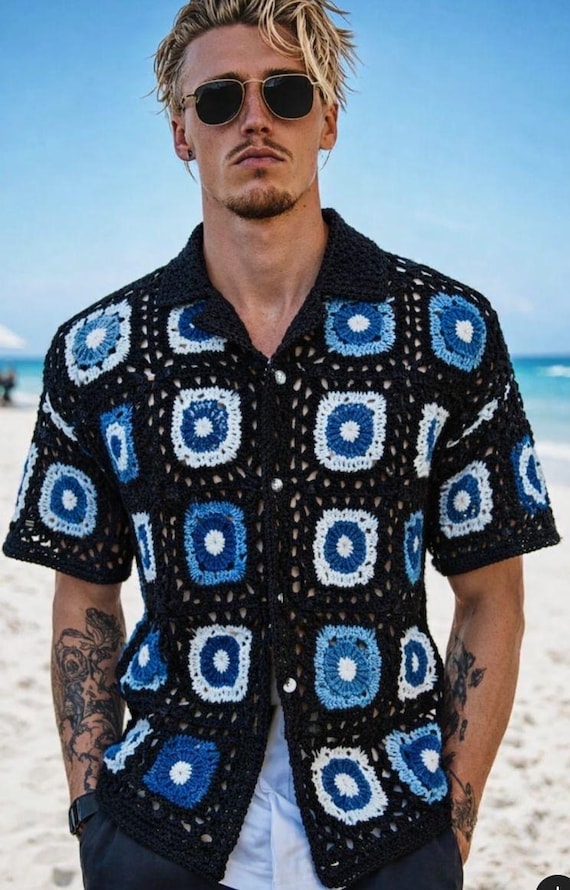 Handmade Cotton Crochet Granny Square Shirt - Men's Patchwork Knit