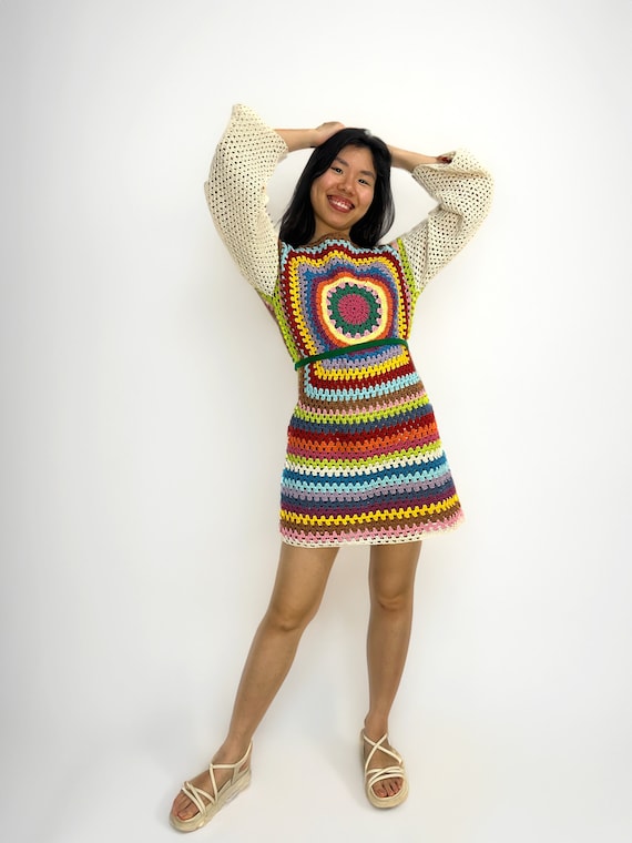 Crochet Granny Square Mini Dress: Rainbow Boho Summer Knitted Dress Crochet Granny Square Mini Dress: Rainbow Boho Summer Knitted Dress