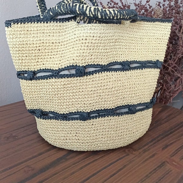 Handwoven Straw Beach Tote, Navy Blue Striped Summer Bag, Artisanal Eco-Friendly Shopper Basket, Chic Handbag