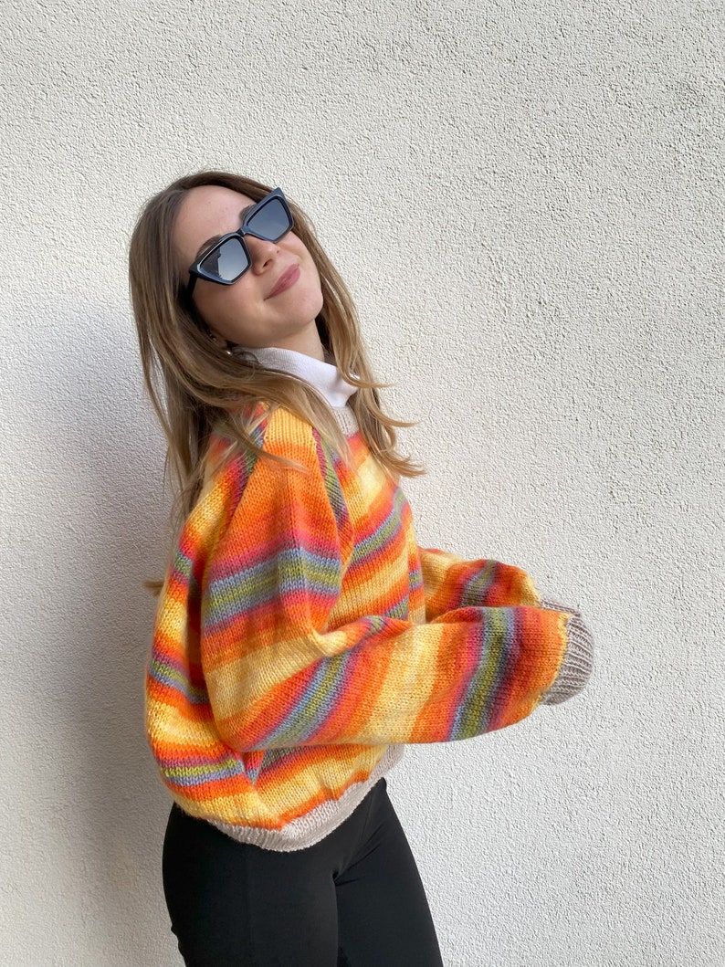 Crochet Striped Sweater, Colorful Sweater, Handmade Cardigan, Striped Mohair Sweater, Knitter Sweater, Gift For Her image 3