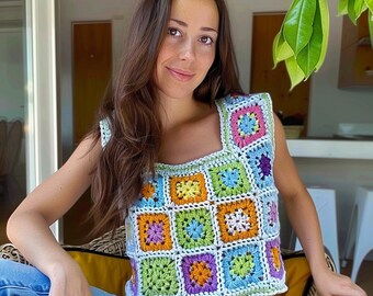 Granny Square Top, Multicolor Crochet Women&#39;s Top, Boho Crop Top, Unique Artisan Clothing, Crochet Crop Top, Crochet Tank Top