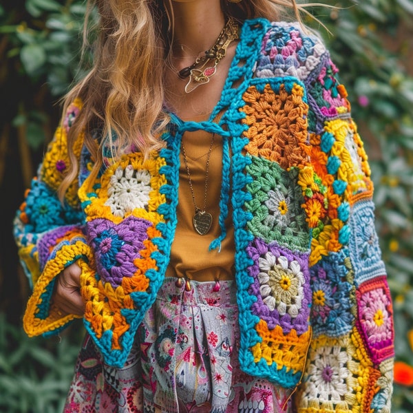 Handmade Crochet Cardigan, Colorful Granny Square Sweater, Boho Style Women's Cardigan, Artisan Crafted Knitwear