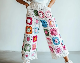 Handmade Granny Square Crochet Pants – Boho-Chic Women's Trousers