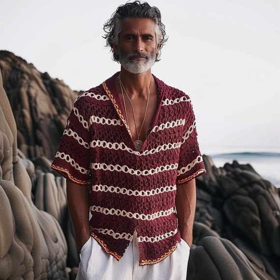 Handcrafted Crochet Shirt, Burgundy Bohemian Knit Top, Custom Fit