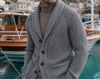 Men’s Chunky Knit Cardigan, Cozy Shawl Collar Grey Sweater