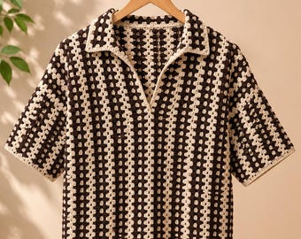 Camisa masculina de crochê tricotada à mão: moda praia boho