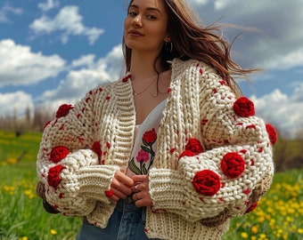 Handmade Chunky Knit Cardigan, Floral Applique Cardigan, Red and Beige Boho Women's Wear, Unique Crochet Cardigan
