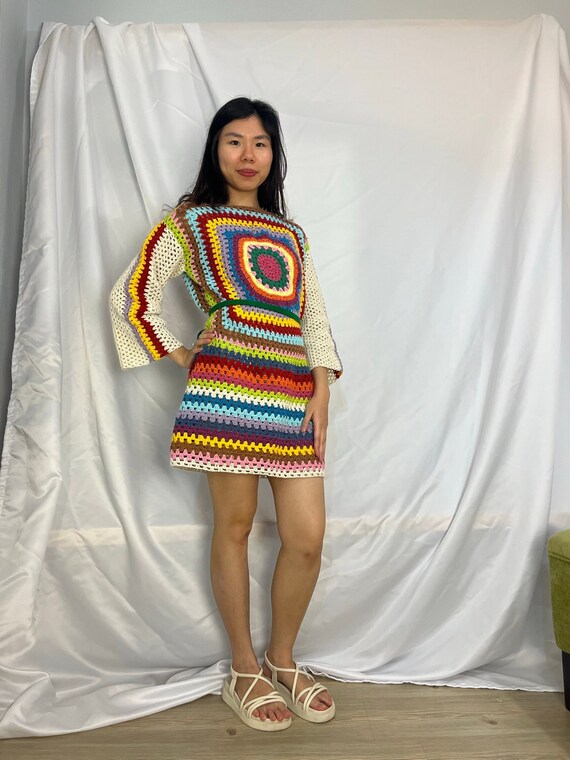 knitted rainbow dress Crochet Granny Square Mini Dress: Boho Summer purple formal dress