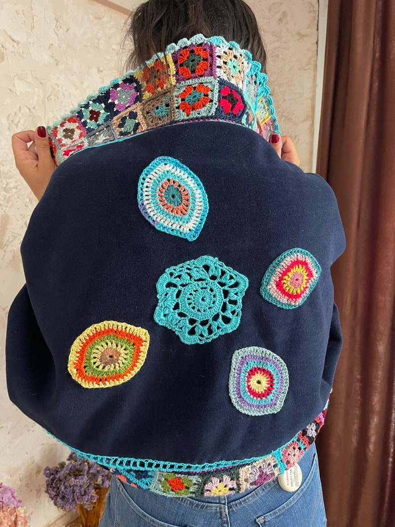 Chic Cape Shawl Fringe Crochet Poncho Boho Blue Shawl Etsy