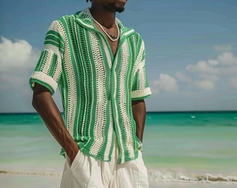 Handcrafted Men's Crochet Shirt, Green and White Striped Knit Sweater, Casual Beachwear, Eco-Friendly Apparel