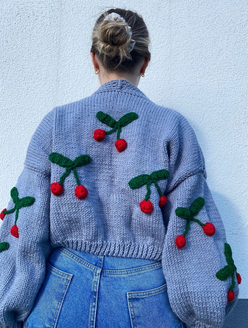 3D Cherry Cardigan Crochet Crop Cardigan White Cherry Sweater Boho Cardigan Gift For Her Cozy Crop Cardigan Knitted Cardigan image 7