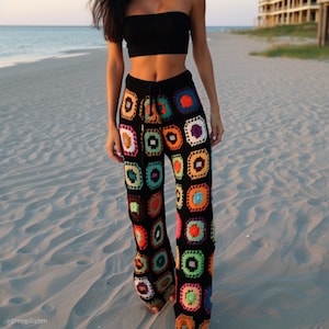 Granny Square Pants, Crochet Pants, Patchwork Pants, Knitted Women Trouser, Crochet Trouser, Handmade Pants, Black Crochet Pants